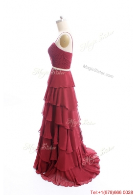 Vintage Brush Train Belt and Ruffled Layers Prom Dresses in Wine Red