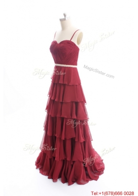 Vintage Brush Train Belt and Ruffled Layers Prom Dresses in Wine Red