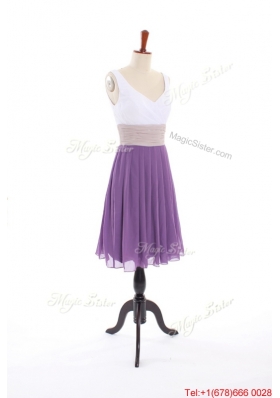 Vintage Empire V Neck Prom Dresses with Ruching in Purple