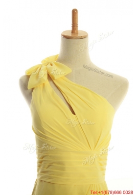 Vintage One Shoulder Long Yellow Prom Dresses with Bowknot