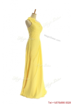 Vintage One Shoulder Long Yellow Prom Dresses with Bowknot