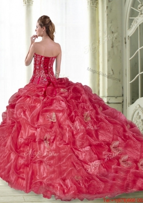 2015 Most Popular Coral Red Dress for Quinceanera with Pick Ups and Ruffled Layers
