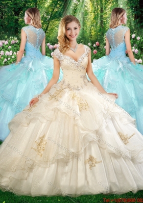 2016 Beautiful Straps Champagne Quinceanera Dresses with Beading and Appliques