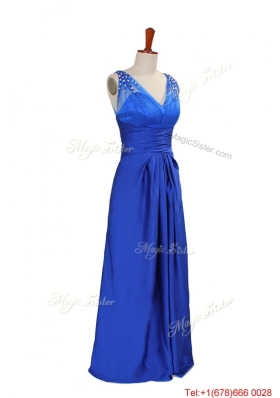 2016 Winter New Empire V Neck Blue Prom Dresses with Beading