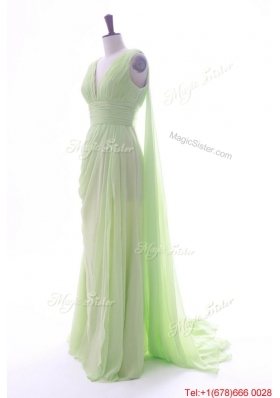Beautiful Empire V Neck Ruching and Pleats Prom Dresses with Watteau Train