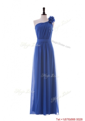 Beautiful  Hand Made Flower One Shoulder Long Prom Dresses in Blue