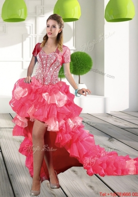 Most Popular Coral Red High-low Dama Dresses with Beading and Ruffled Layers