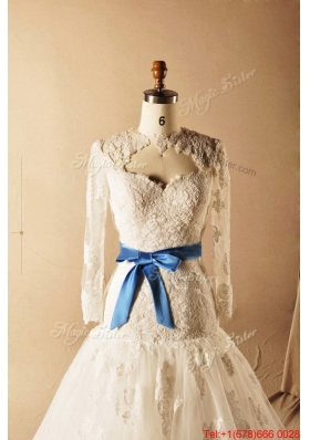 Pretty Custom Made A Line High Neck Appliques Wedding Dresses with Ribbons