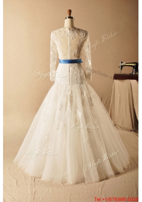 Pretty Custom Made A Line High Neck Appliques Wedding Dresses with Ribbons