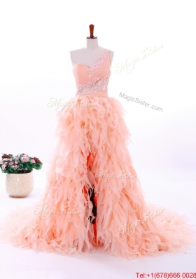 Pretty Romantic A Line One Shoulder Ruffles Wedding Gowns in Watermelon Red