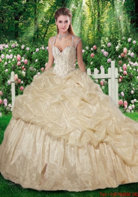 Sweet Brush Train Champange Sweet 16 Gowns with Beading for Fall