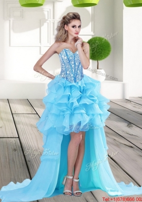 2015 Modest Aqua Blue High Low Prom Dress with Beading and Ruffles