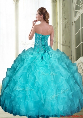 2015 Designer Beading and Ruffles Sweetheart Quinceanera Dresses in Aqua Blue