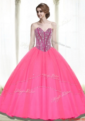 2015 Designer Beading Sweetheart Tulle Hot Pink Quinceanera Dresses