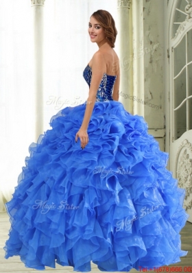 2015 Elegant Beading and Ruffles Strapless Sweet 15 Dresses in Blue
