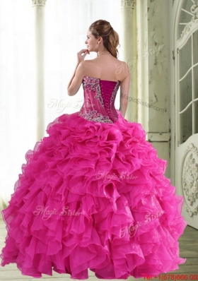 2015 New Style Beading and Ruffles Sweetheart Quinceanera Dresses in Hot Pink