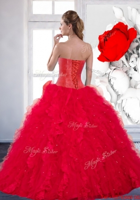 2014 Designer Sweetheart Red Quinceanera Dress with Beading and Ruffles