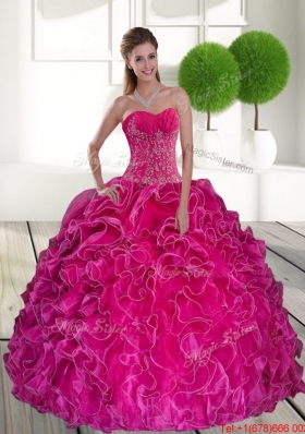 2015 Elegant Hot Pink Quinceanera Gown with Ruffles and Appliques