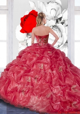 2015 New Style Appliques and Ruffles Quinceanera Dress in Coral Red