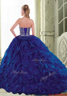 Elegant 2015 Sweetheart Beading and Ruffles Navy Blue Quinceanera Dresses