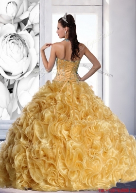 Fashionable Strapless Gold 2015 Quinceanera Dress with Beading and Rolling Flowers