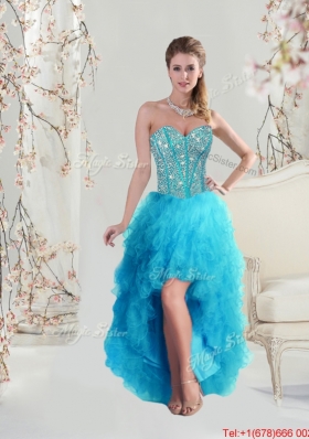 2016 Beautiful Sweetheart Beaded and Ruffles Turquoise Prom Dresses High Low