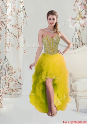 2016 Classical High Low Sweetheart Yellow Prom Dresses with Beading and Ruffles