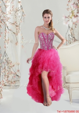 2016 Elegant High Low Sweetheart Beaded and Ruffles Prom Dresses in Hot Pink