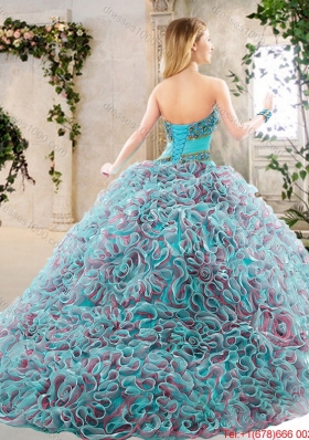 2016 Modest Brush Train Quinceanera Gowns with Beading and Ruffles