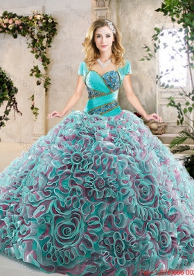 2016 Modest Brush Train Quinceanera Gowns with Beading and Ruffles