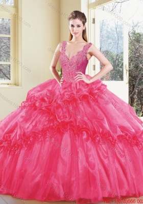 2016 Modest V Neck Quinceanera Dresses with Appliques and Ruffles