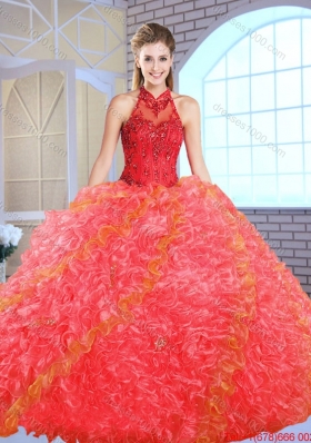 Cheap Appliques and Ruffles Quinceanera Gowns with High Neck