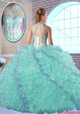 Cheap Appliques and Ruffles Quinceanera Gowns with High Neck