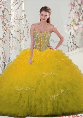 2015 Fall Detachable Sweetheart Yellow Modest Quinceanera Dresses with Beading and Ruffles