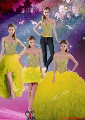 2015 Summer Cheap Sweetheart Beaded and Ruffles Detachable Quinceanera Dresses in Yellow