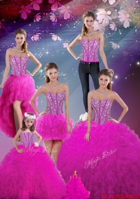 Detachable Sweetheart Fuchsia Beautiful Quinceanera Dresses with Beading and Ruffles