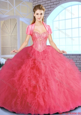 Elegant Ruffles and Sequins Quinceanera Gowns in Coral Red