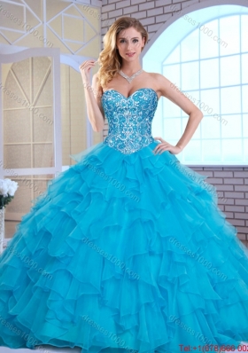 Exquisite Aqua Blue Sweet 16 Gowns with Beading and Ruffles