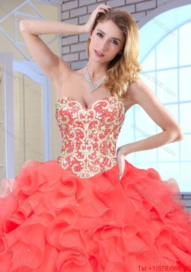 Fashionable Coral Red Quinceanera Gowns with Beading and Ruffles