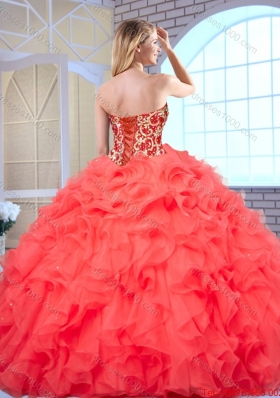 Fashionable Coral Red Quinceanera Gowns with Beading and Ruffles