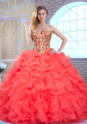 Fashionable Coral Red Quinceanera Gowns with Beading and Ruffles