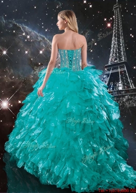 Luxurious 2015 Fall Brush Train Turquoise Quinceanera Dresses with Beading and Ruffles