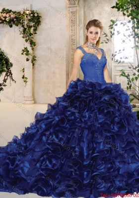 2016 Perfect Straps Brush Train Quinceanera Gowns in Royal Blue