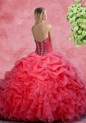 2016 Popular Beaded and Ruffles Quinceanera Gowns in Coral Red