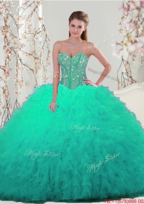 2016 Pretty Sweetheart Beaded and Ruffles Detachable Quinceanera Dresses in Turquoise