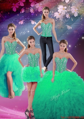 2016 Pretty Sweetheart Beaded and Ruffles Detachable Quinceanera Dresses in Turquoise