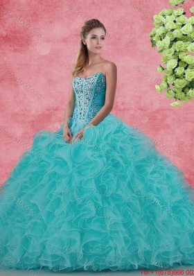 Beautiful Strapless Beaded and Ruffles Quinceanera Dresses in Aqua Blue