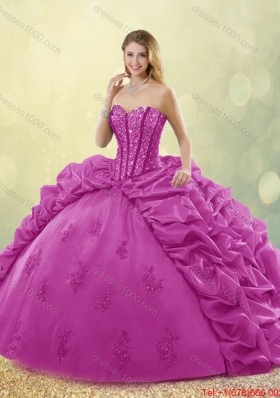 Best Selling Brush Train Beading Quinceanera Dresses in Fuchsia