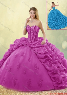 Best Selling Brush Train Beading Quinceanera Dresses in Fuchsia