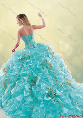 Luxurious Brush Train Sweetheart Detachable Quinceanera Dresses in Aqua Blue